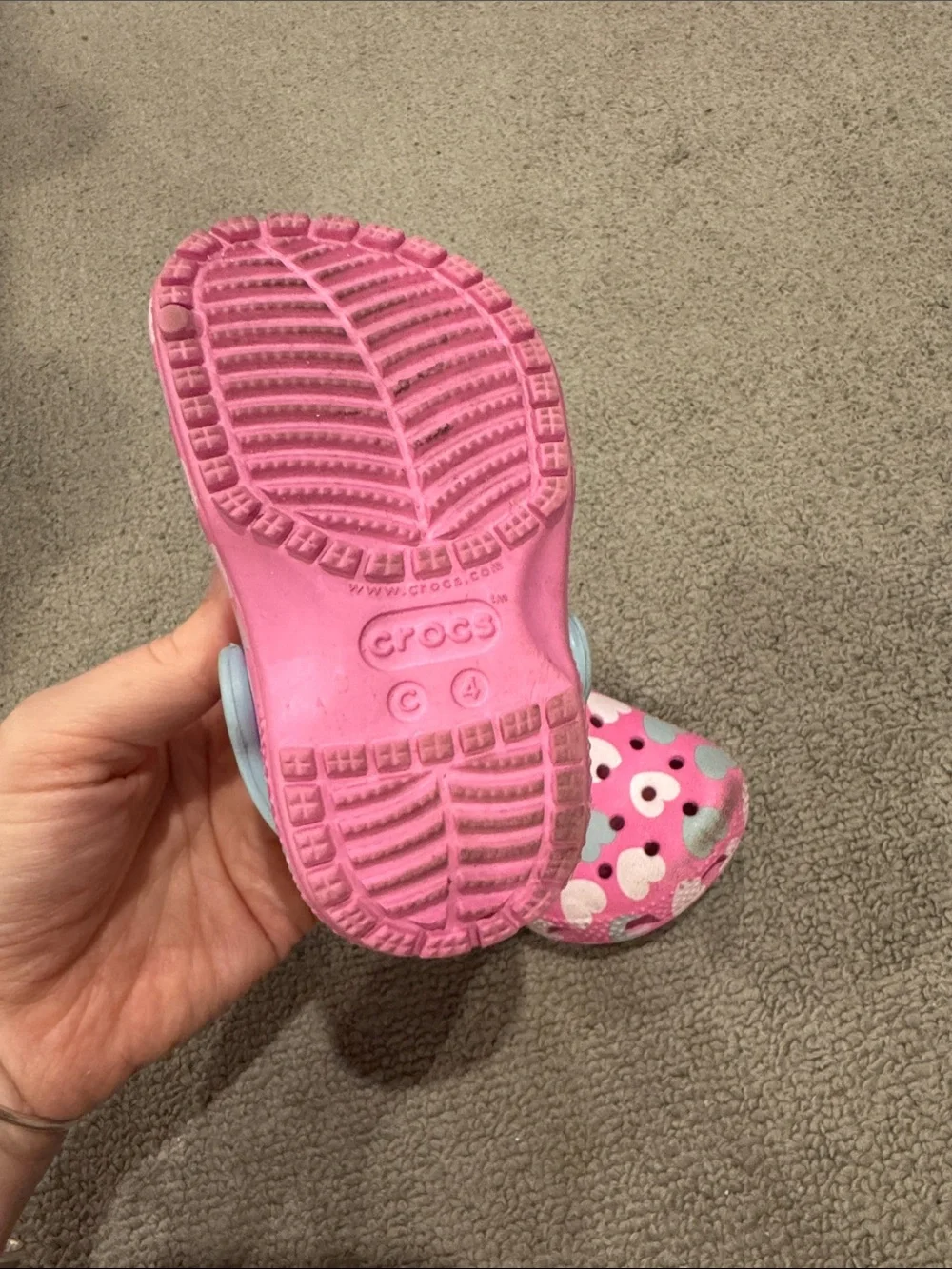 CROCS Pink Kids Heart-Print Clogs with Light Blue Trim